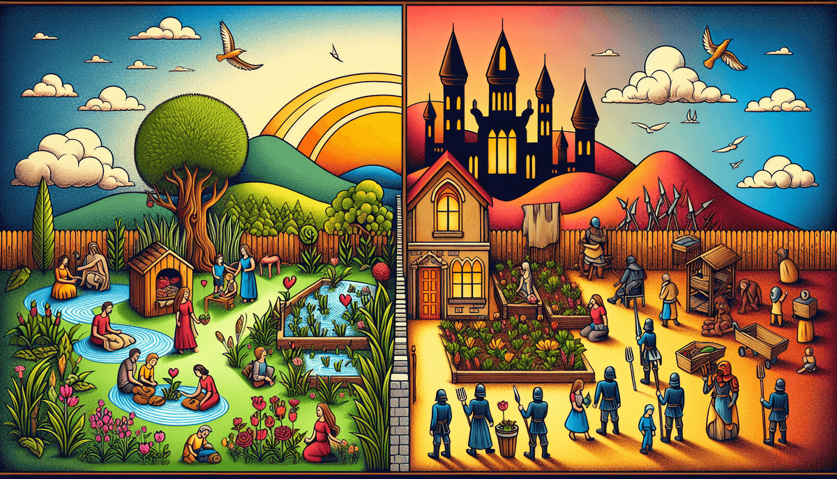 A split-screen illustration contrasting a peaceful, nature-filled garden scene on the left with a structured, militarized, and castle-dominated environment on the right.